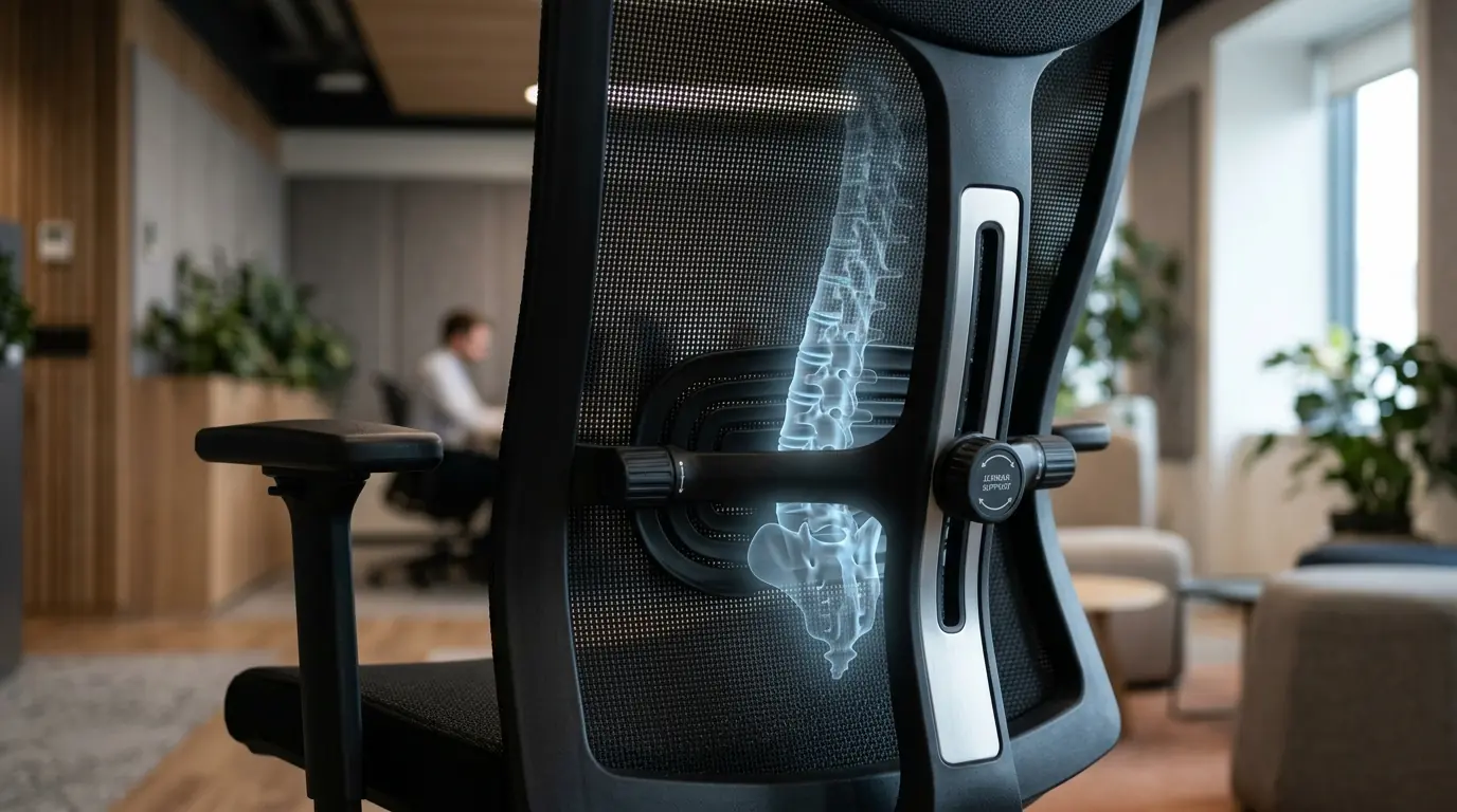 Detail penyangga pinggang lumbar support pada kursi kerja staff korporat