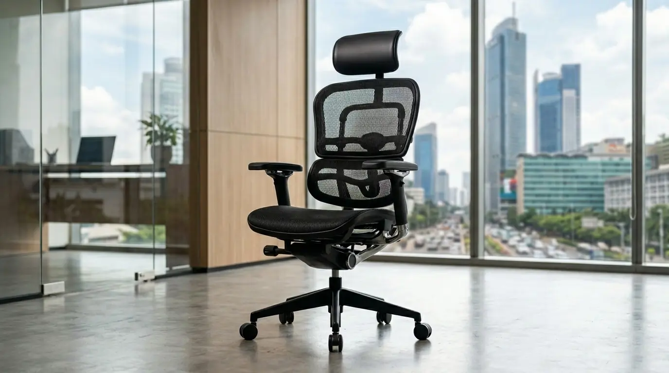 Contoh kursi kantor ergonomis premium dengan desain modern untuk eksekutif