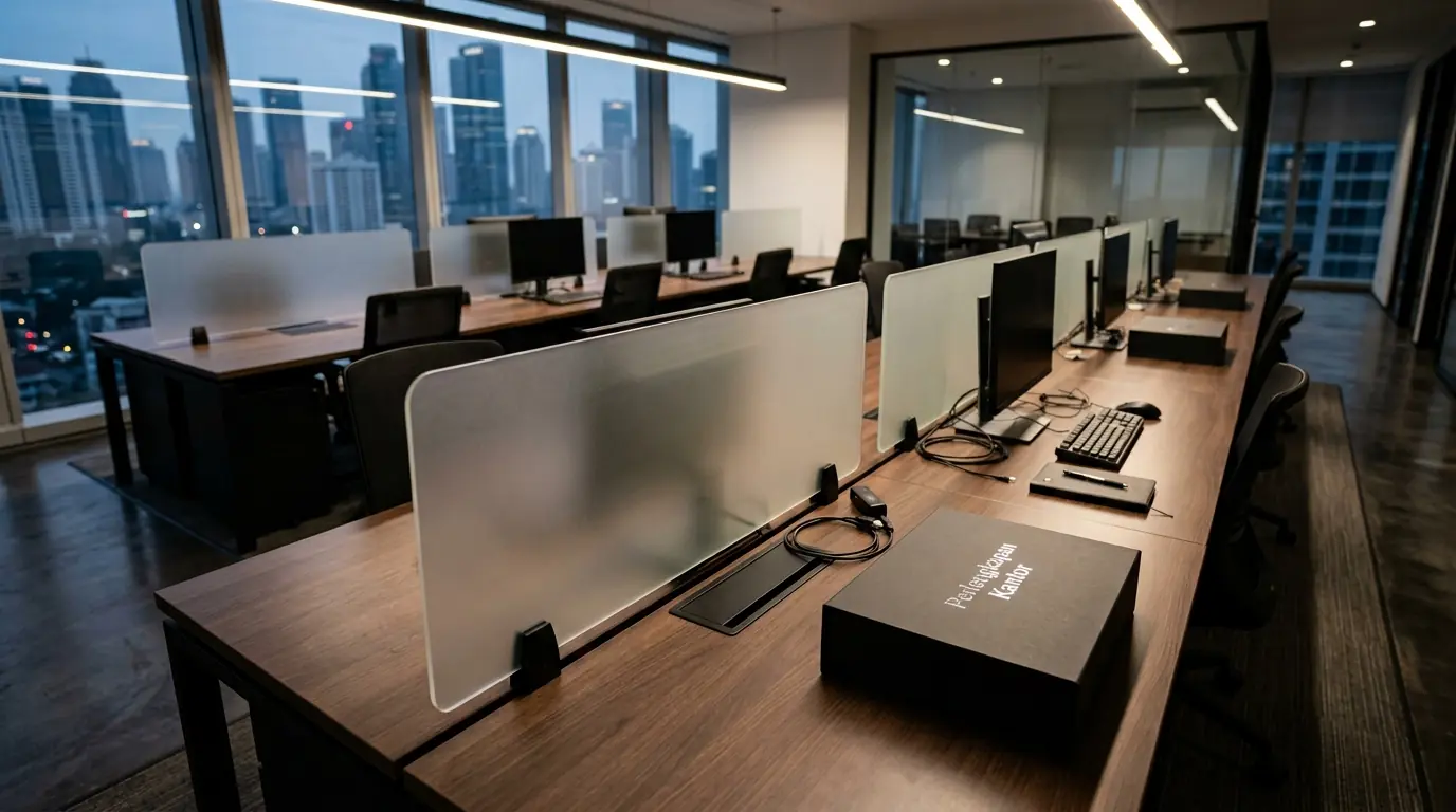 Penataan partisi meja kantor sekat akrilik dan kain pada workstation perkantoran Jakarta