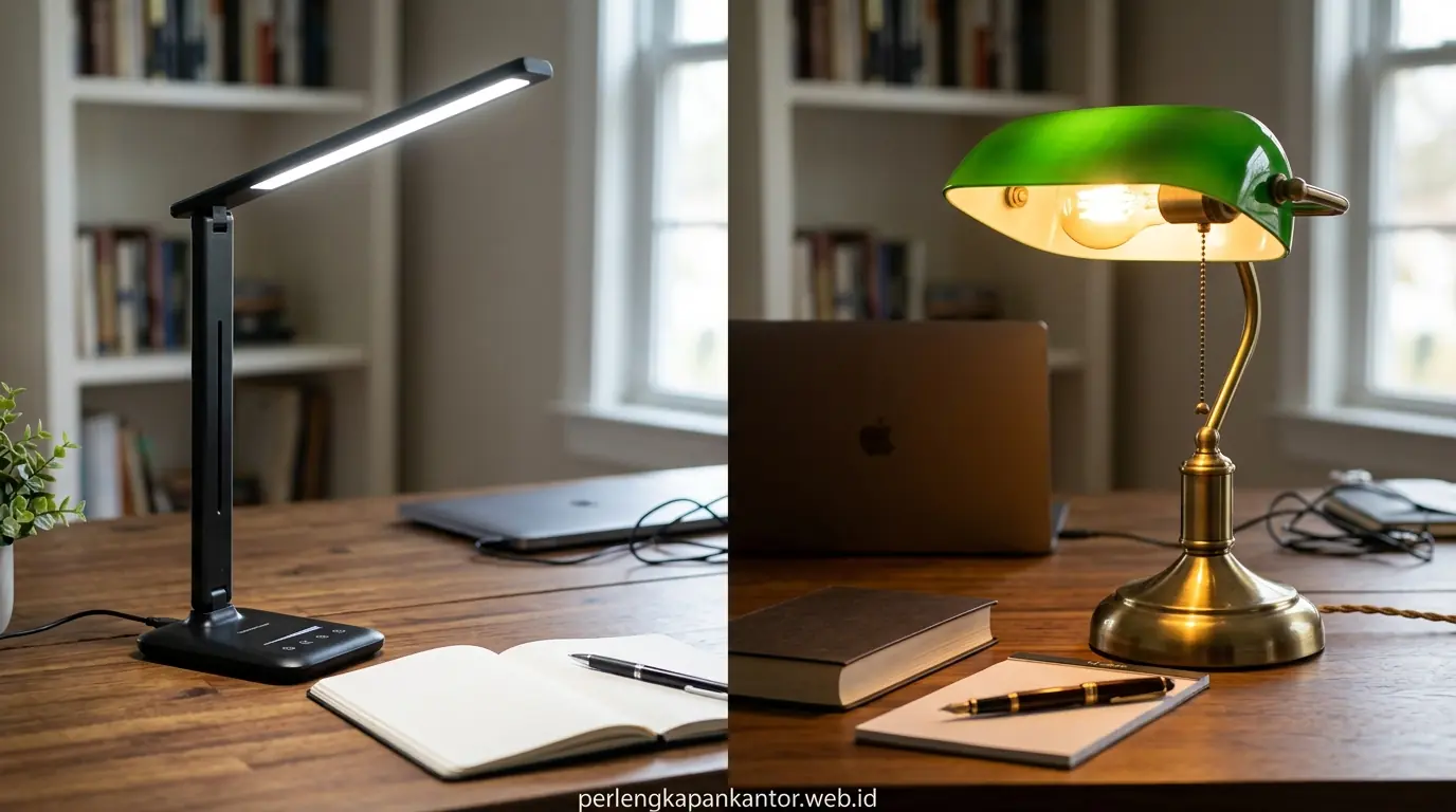 Perbandingan lampu meja LED USB vs lampu meja biasa pada workstation kantor