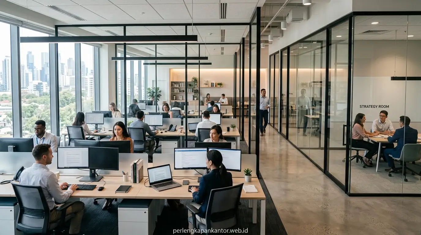 Instalasi partisi kaca tempered frameless untuk ruang meeting kantor