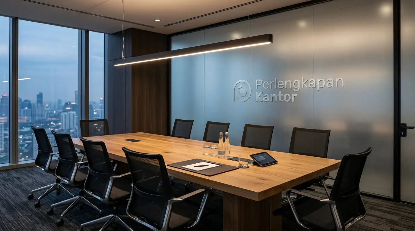 Desain pencahayaan ruang rapat kantor modern dengan kombinasi lampu gantung dan lampu meja kantor nyaman