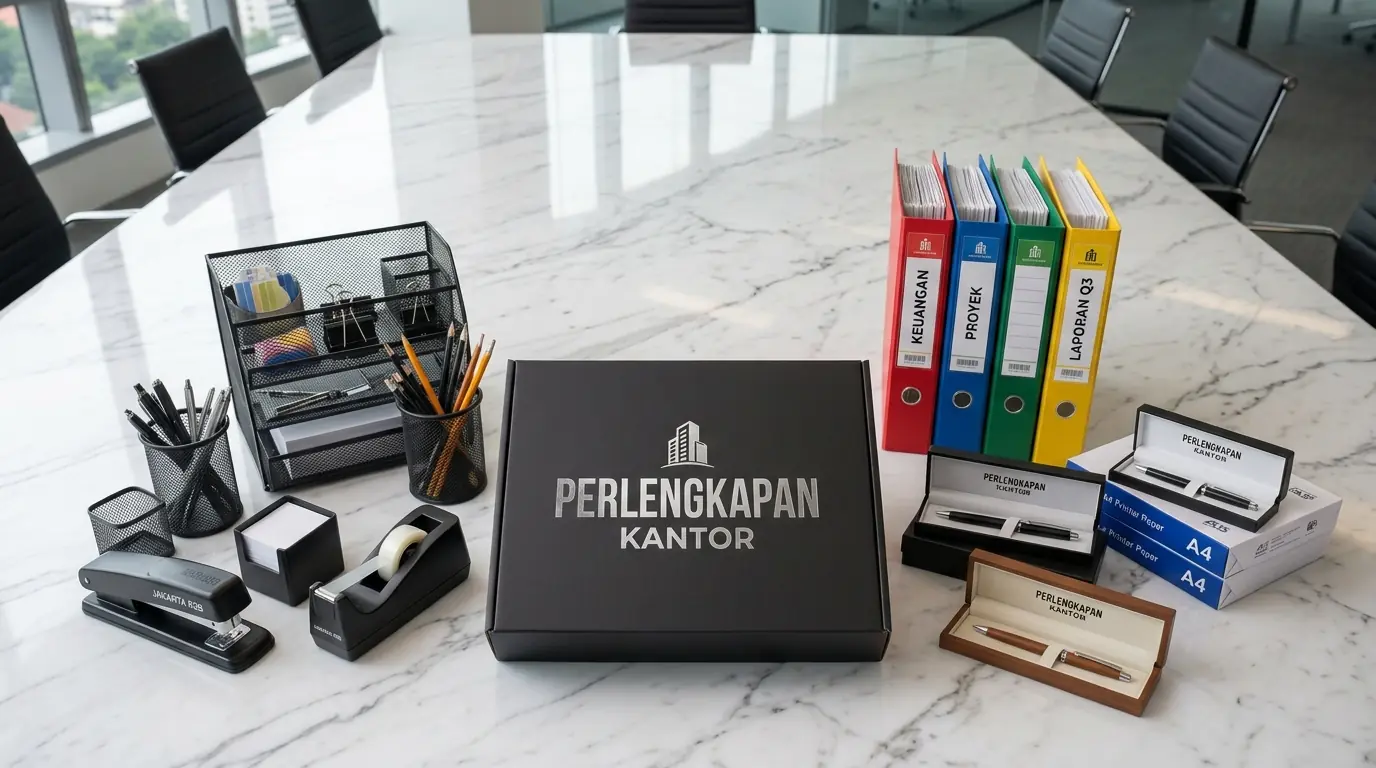 Pasokan alat tulis kantor B2B lengkap di dalam gudang penyedia Perlengkapan Kantor