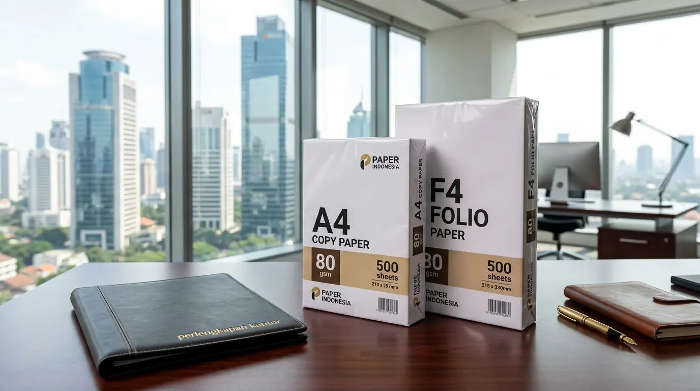 Perbandingan fisik dimensi perbedaan kertas A4 dan F4 di meja kerja Jakarta