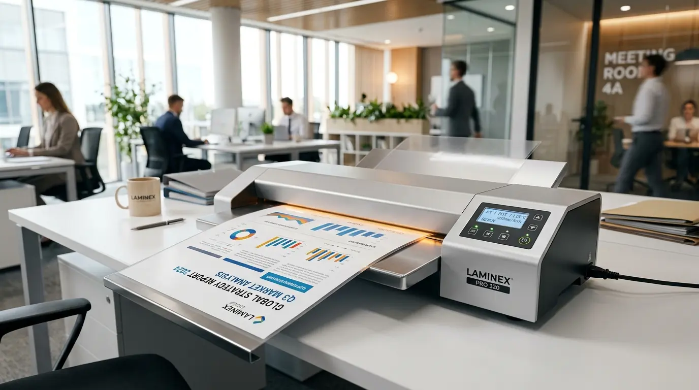 Unit rekomendasi mesin laminating A3 profesional di meja kerja divisi General Affairs Jakarta